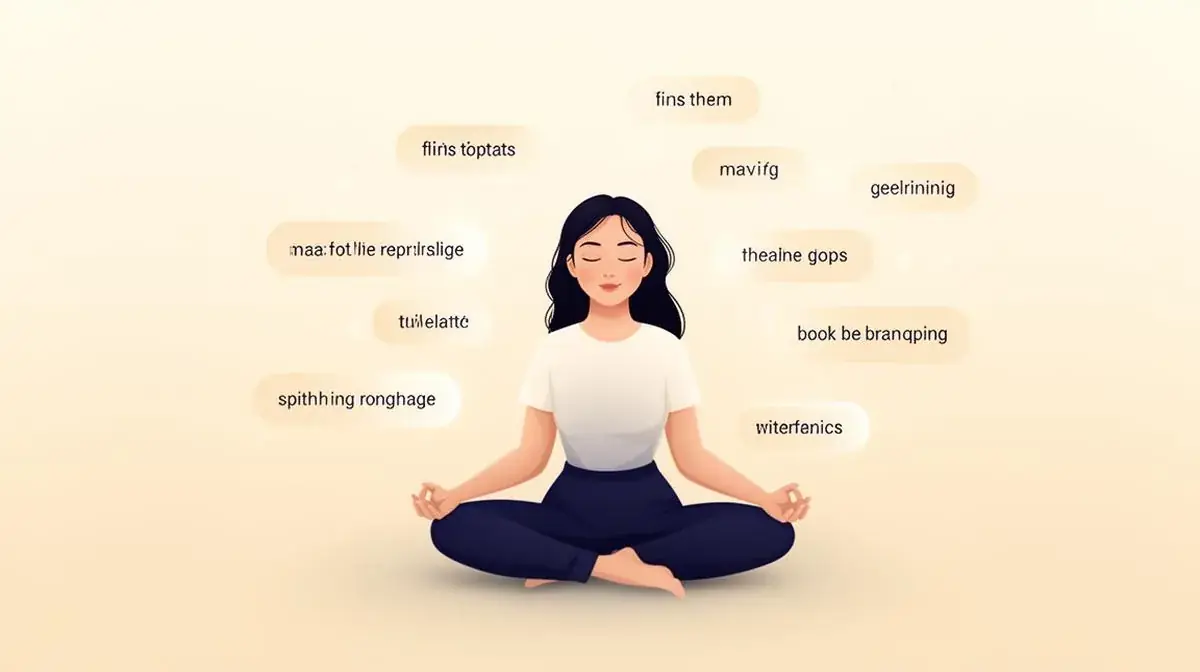 A woman sits cross-legged with closed eyes as pastel speech bubbles with garbled text float around her head.