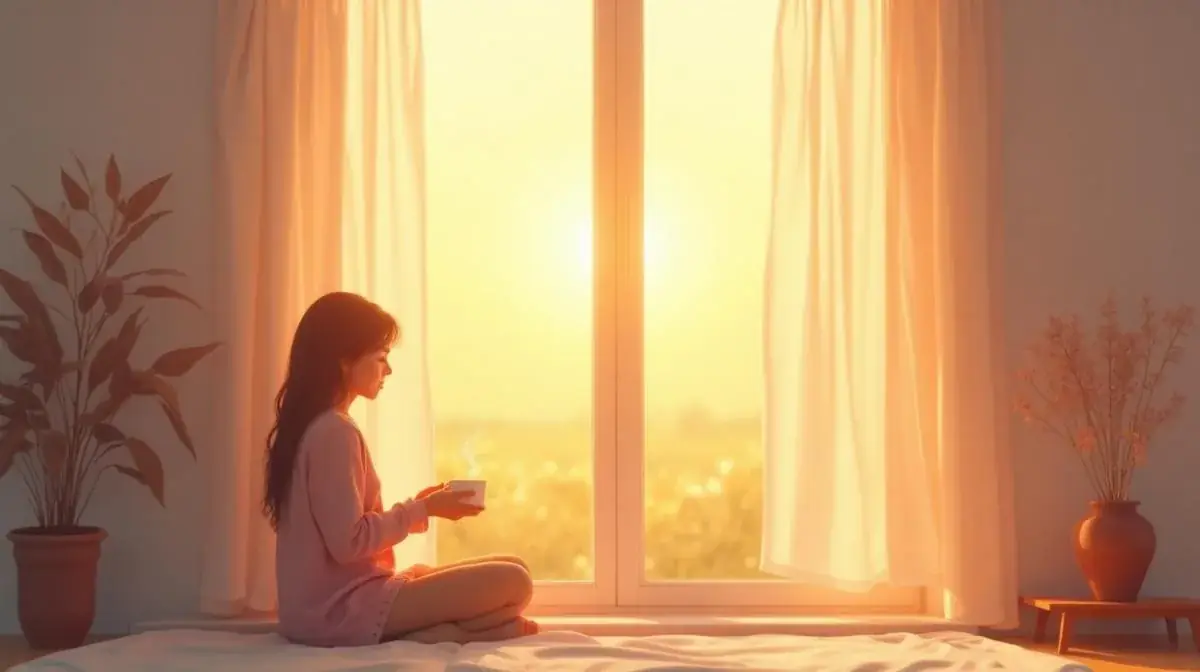 A woman sits cross-legged on a bed by a sunlit window at sunrise, holding a warm mug in both hands.