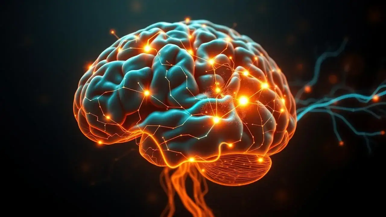 Ilustración luminosa de un cerebro con puntos de conexión neuronal en naranja y turquesa sobre fondo oscuro.