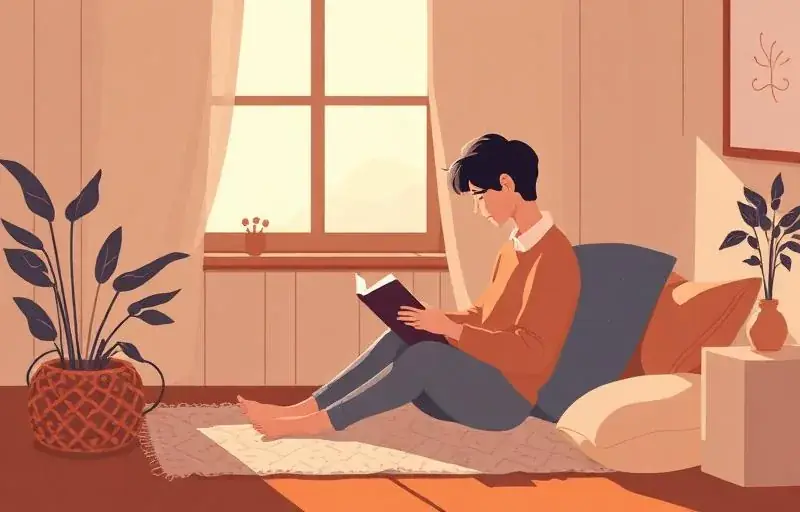 An illustrated person sits cross-legged on a rug reading a book beside a sunlit window and houseplants.