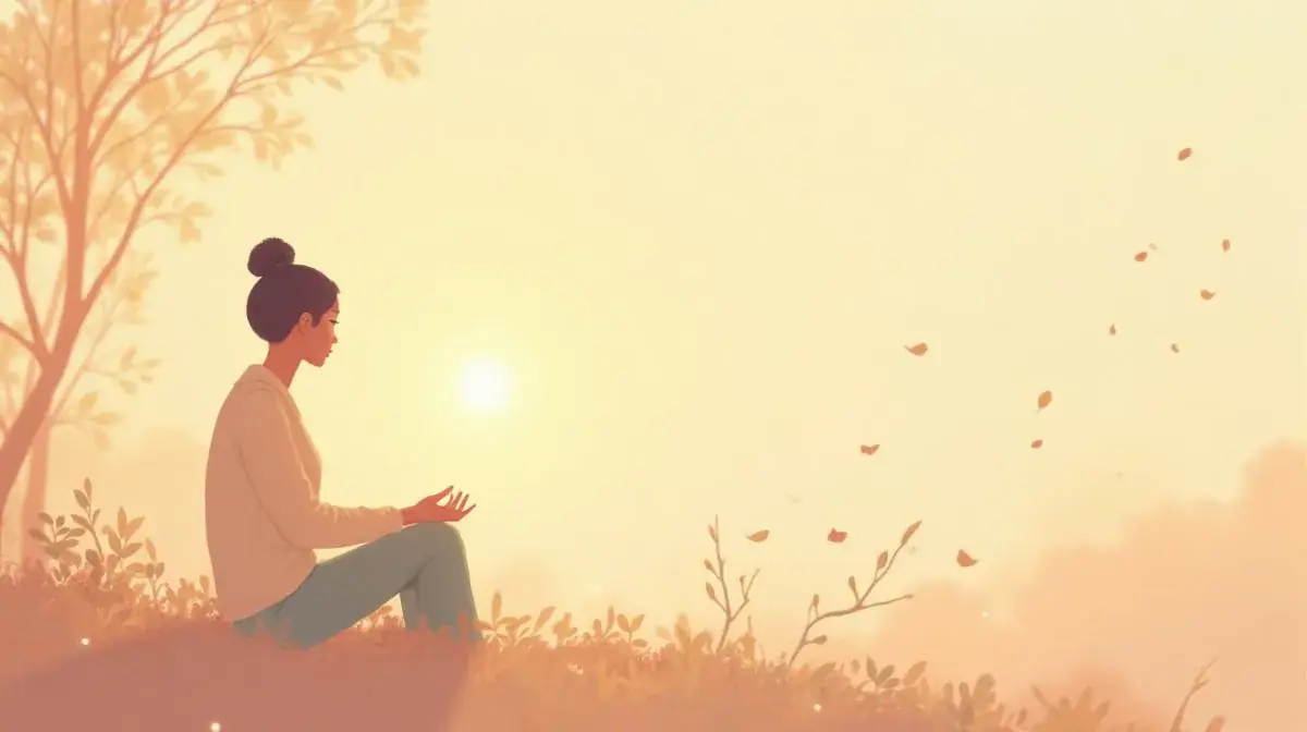 An illustrated woman sits cross-legged on a hillside at sunrise, palms open, leaves drifting in golden light.