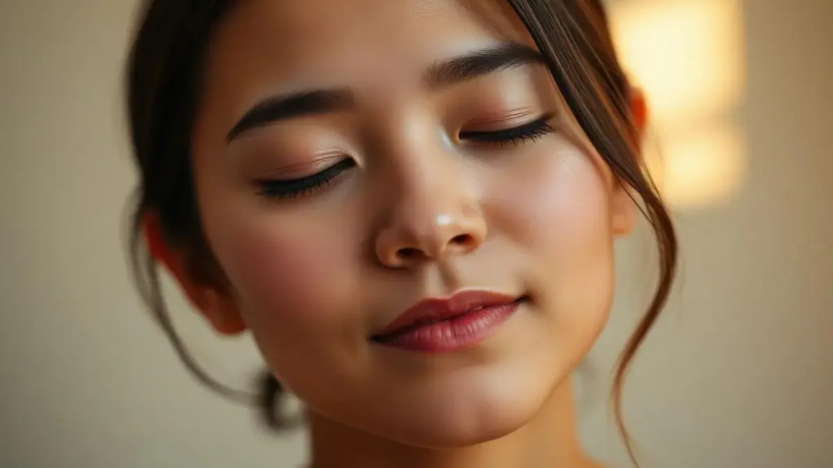 Close-up of a young woman with eyes closed and a soft smile, warm window light glowing behind her.