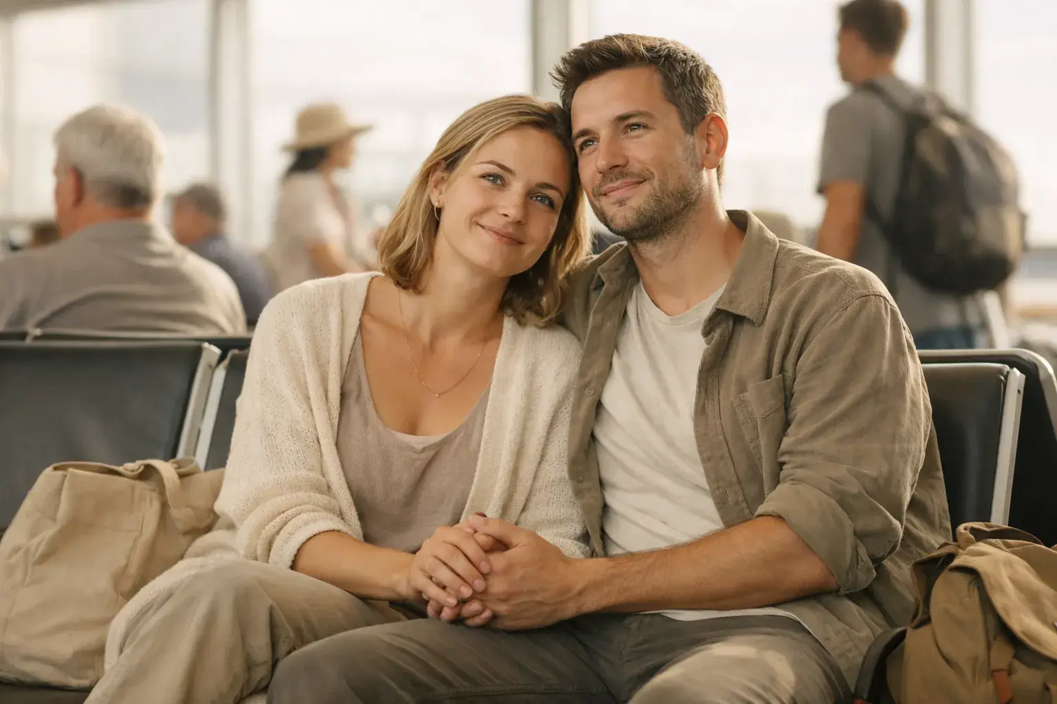 A couple sits close together holding hands at a busy airport gate