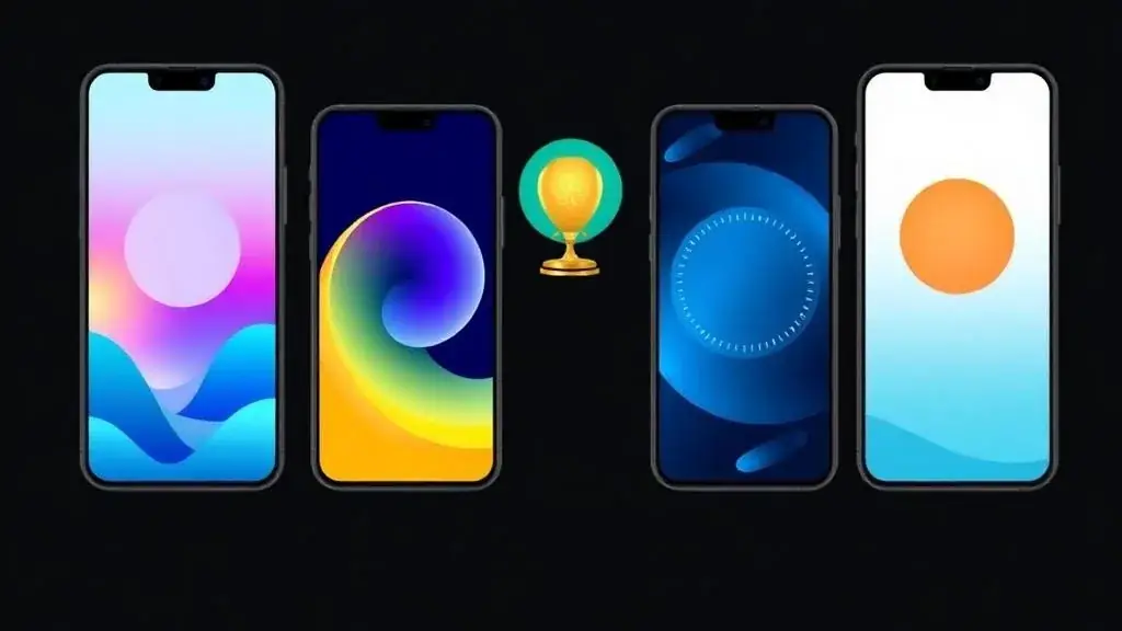 Four phone screens with different colorful app wallpapers are lined up on a black background.