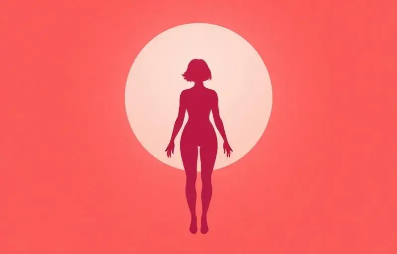 A minimalist coral-toned silhouette of a woman's body stands centered inside a glowing circle.