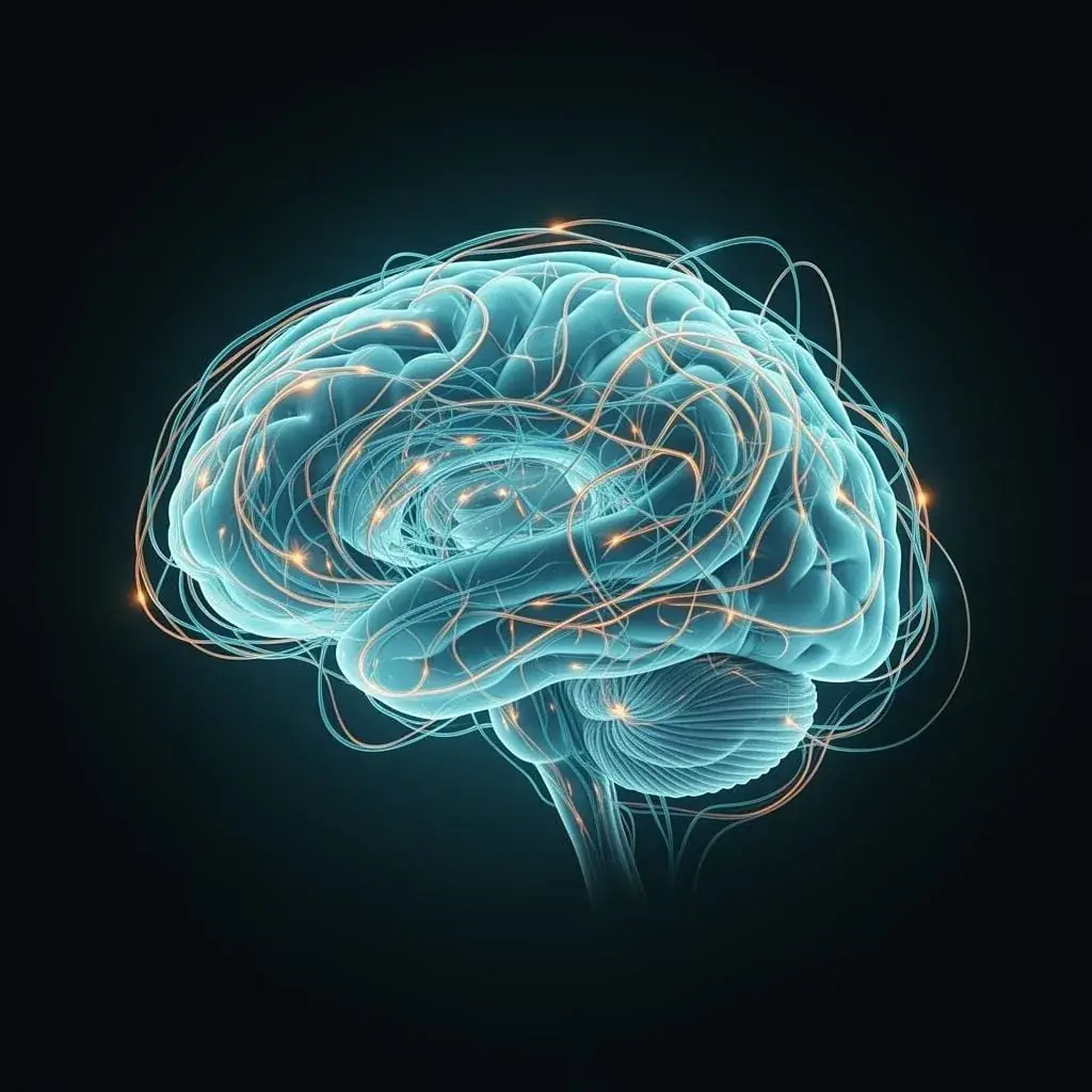 A teal brain illustration is wrapped in tangled orange glowing wires and lit nodes on a dark background.
