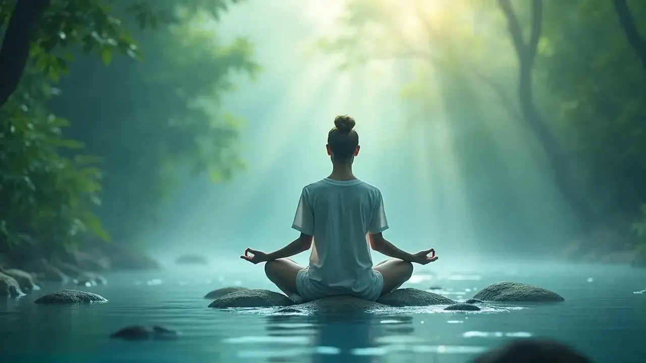 A person sits cross-legged in meditation on rocks in a misty forest stream, sunlight through the trees.