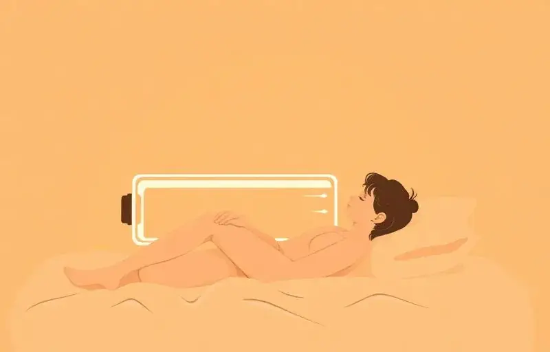 A flat illustration of a woman resting curled on a pillow beside a glowing battery icon with charging arrows.
