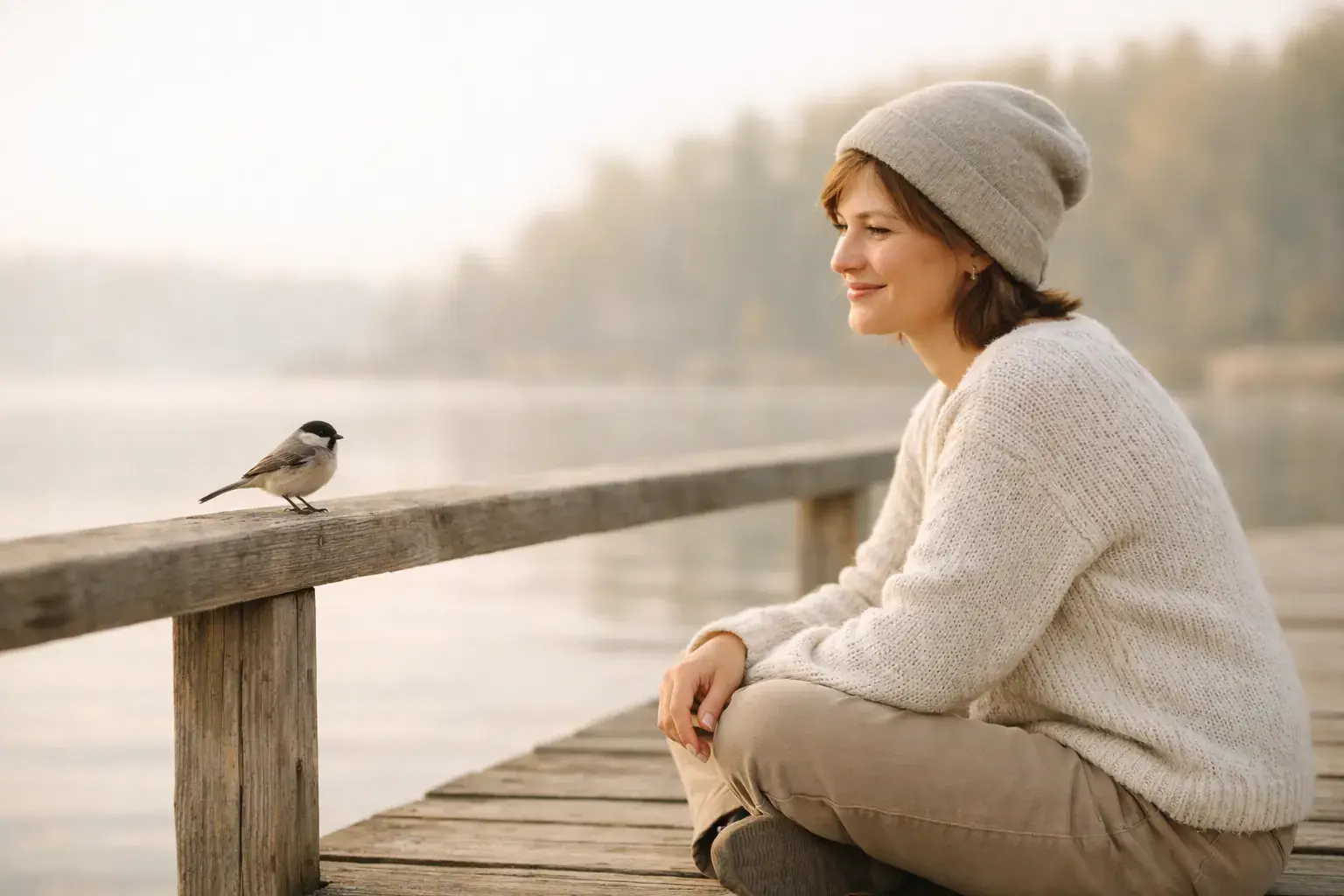 A woman sits on a wooden lake dock watching a small bird perched on the railing