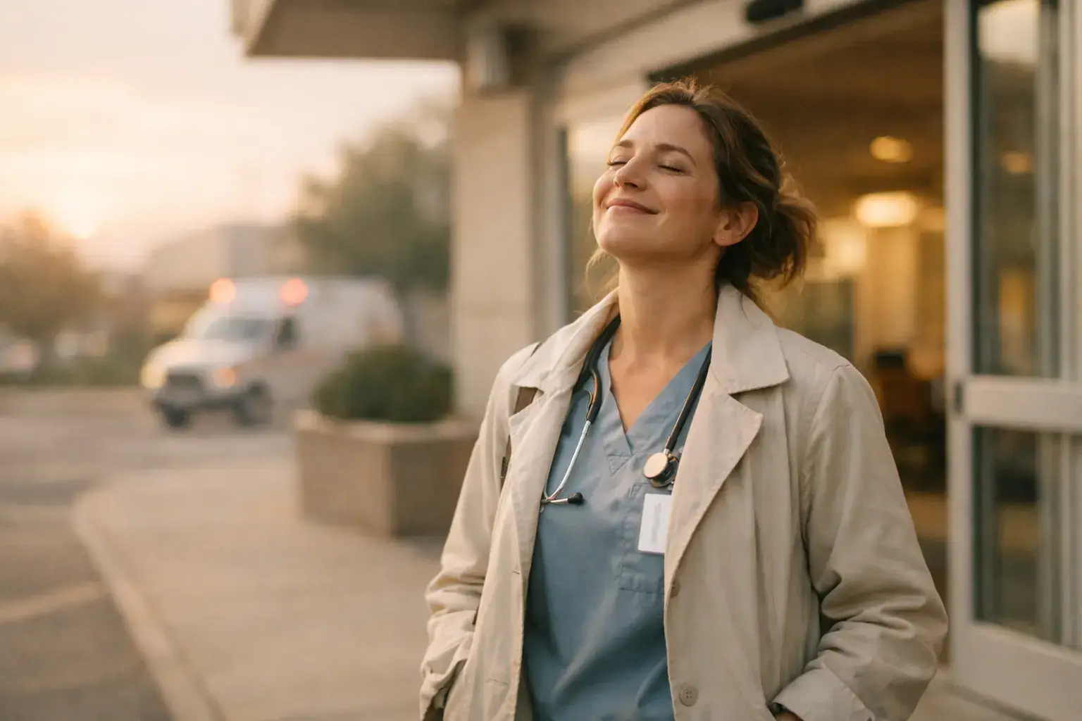 A nurse in scrubs and a coat walks out of a hospital at dawn, face lifted to the sun