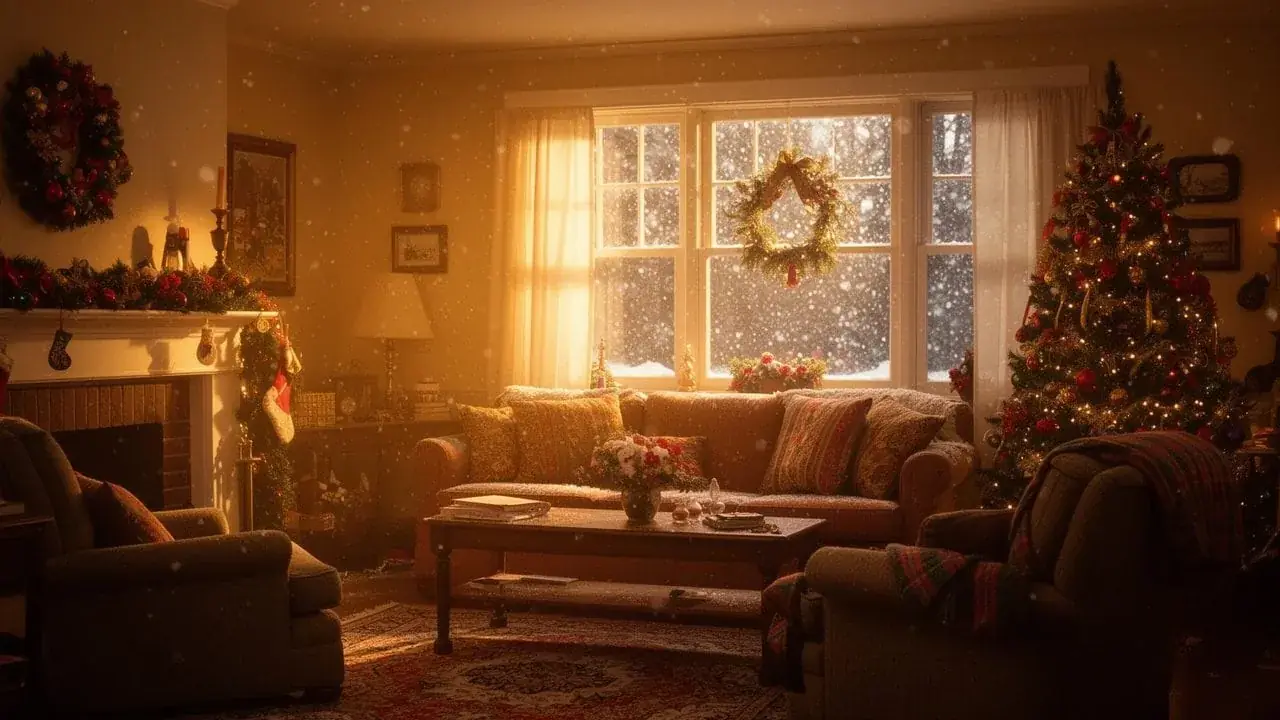 A cozy living room decorated for Christmas with a lit tree, wreaths, and snow falling outside.