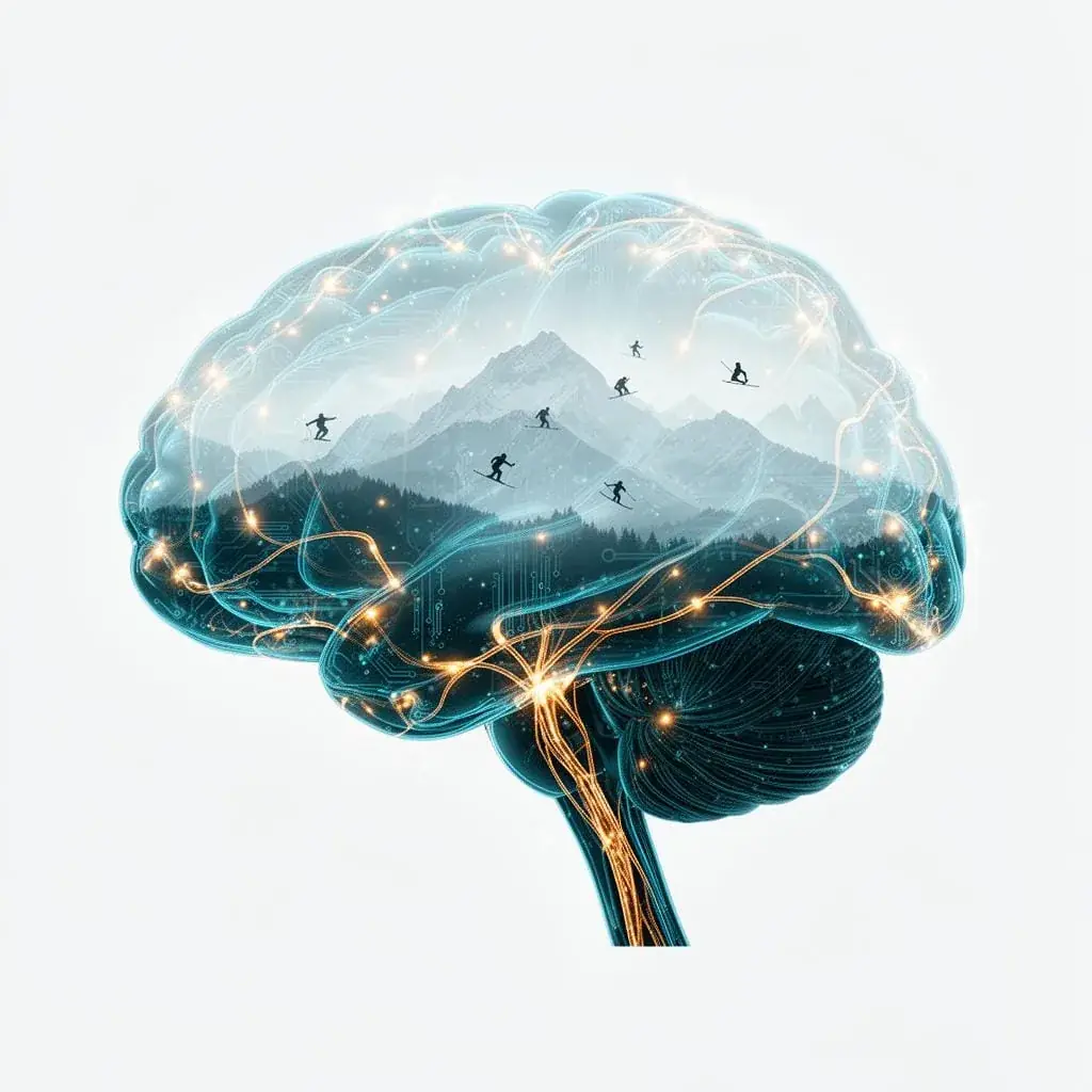 A translucent brain illustration holds a snowy mountain scene with tiny skiers and glowing neural pathways.