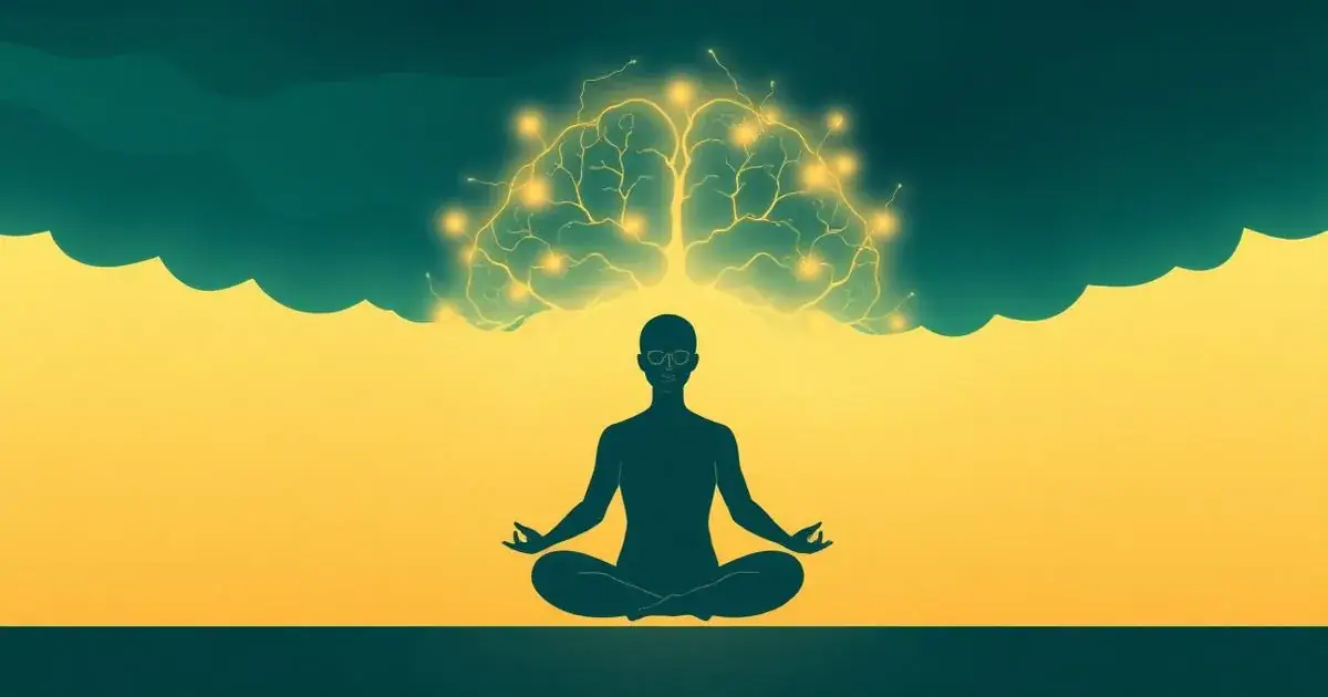 A silhouetted figure meditates cross-legged beneath a glowing brain with branching, lightning-like connections.