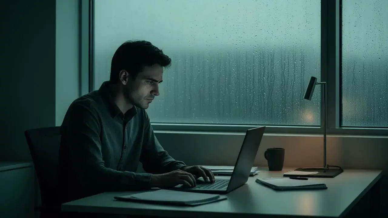 A man works late at a laptop by a rain-streaked window, lit only by a desk lamp.