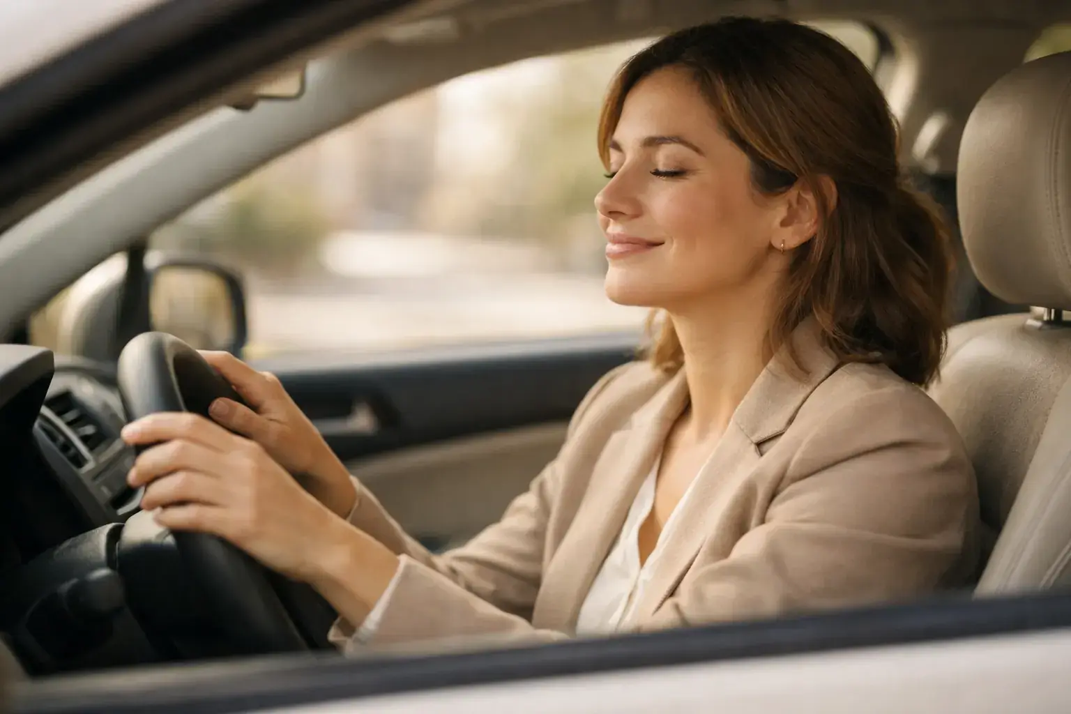 A woman in a blazer sits in her parked car with her hands on the wheel, eyes closed, taking a breath