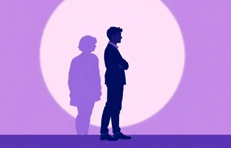Illustration of a man in a suit, arms crossed before a pale circle, his shadow cast as a different figure behind him.