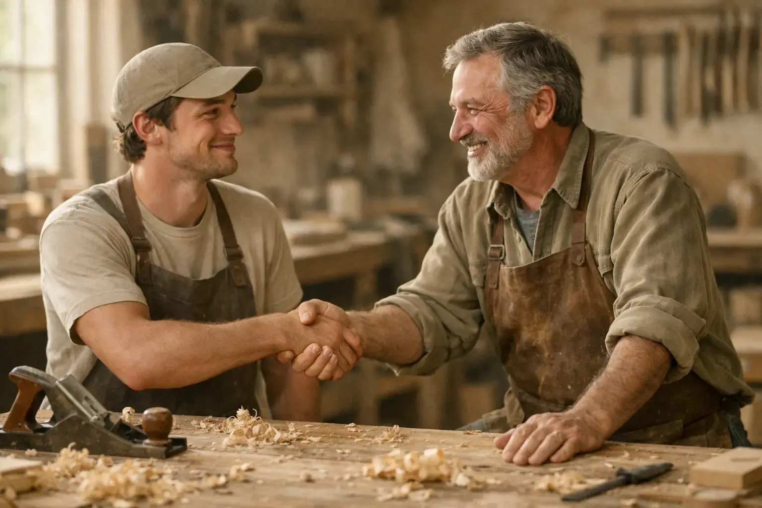 A young woodworker shakes hands with an older craftsman across a bench covered in wood shavings