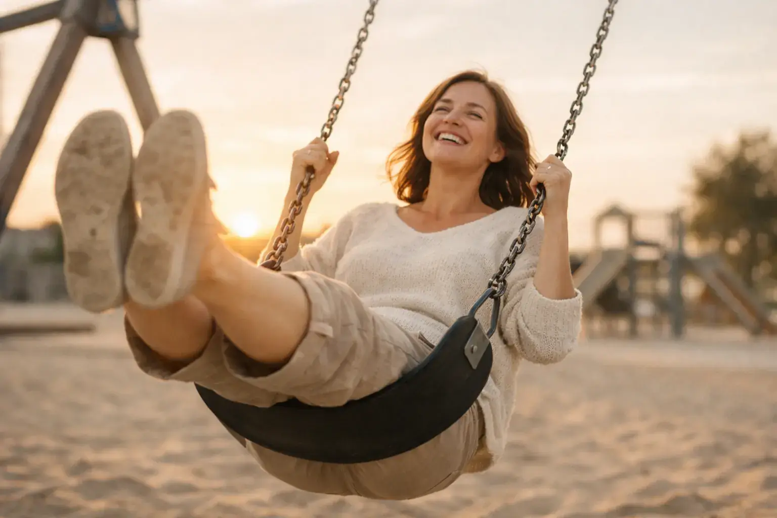 A laughing woman swings high on a playground swing at sunset