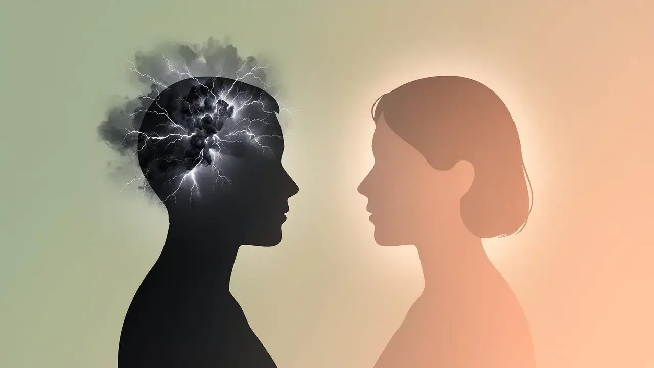 Two silhouetted profiles face each other, one head filled with a dark stormy cloud, the other glowing warm gold.