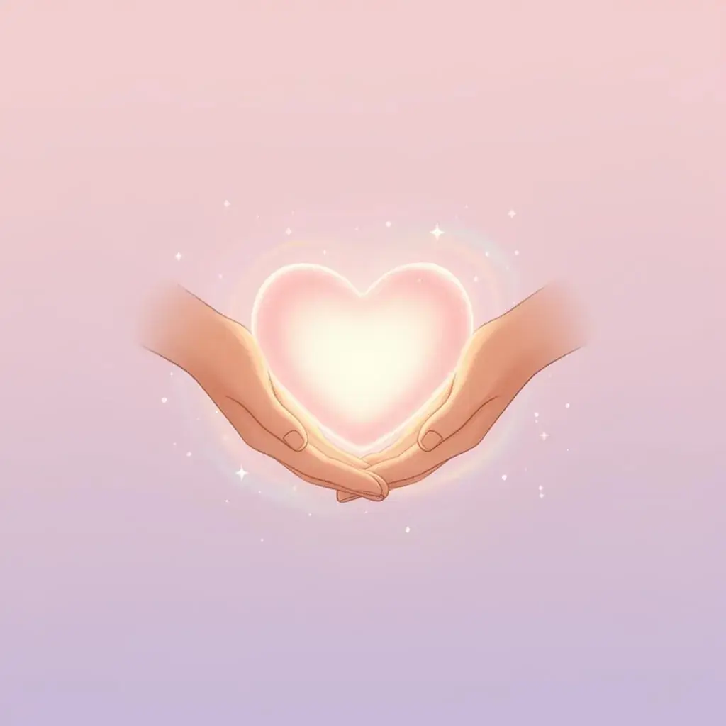 An illustration of two hands cupping a glowing pink heart surrounded by sparkles, on a pastel gradient.