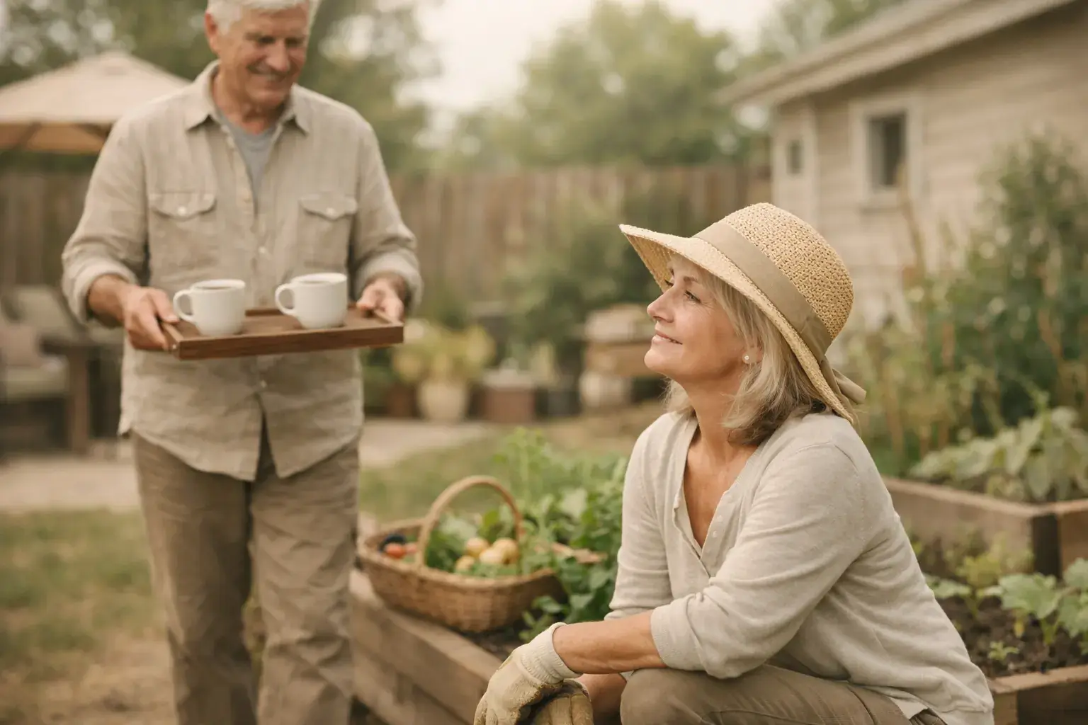 An older man carries a tray with two cups of coffee to his partner, who looks up from her vegetable garden
