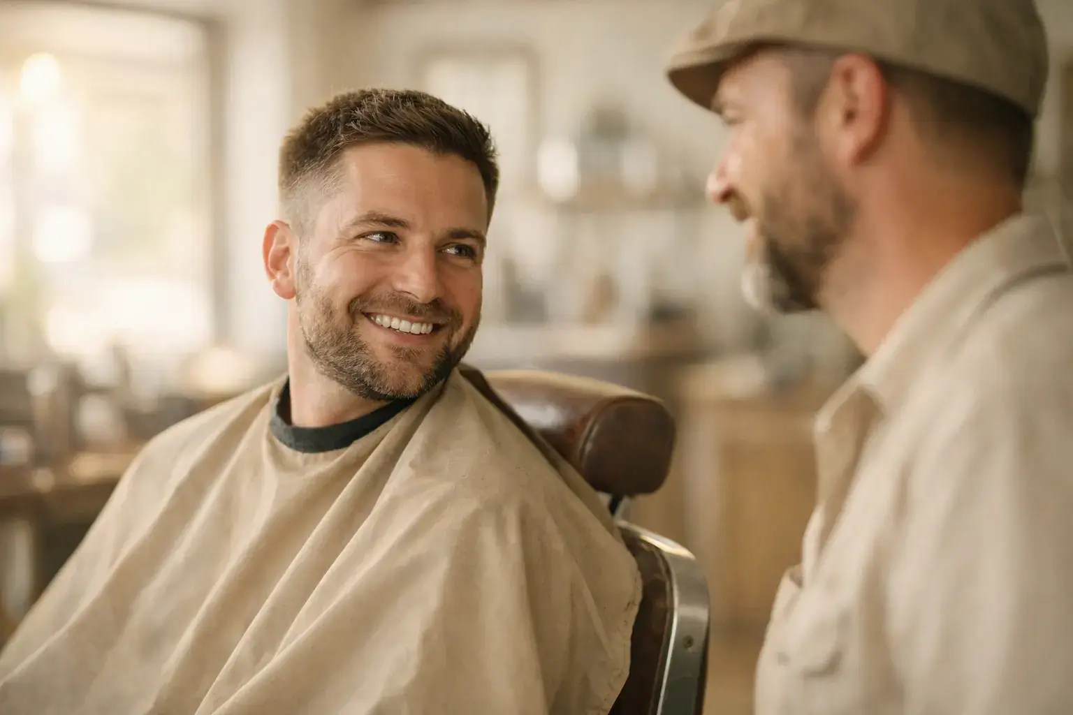 A smiling man in a barbershop chair turns to talk with his barber after a haircut