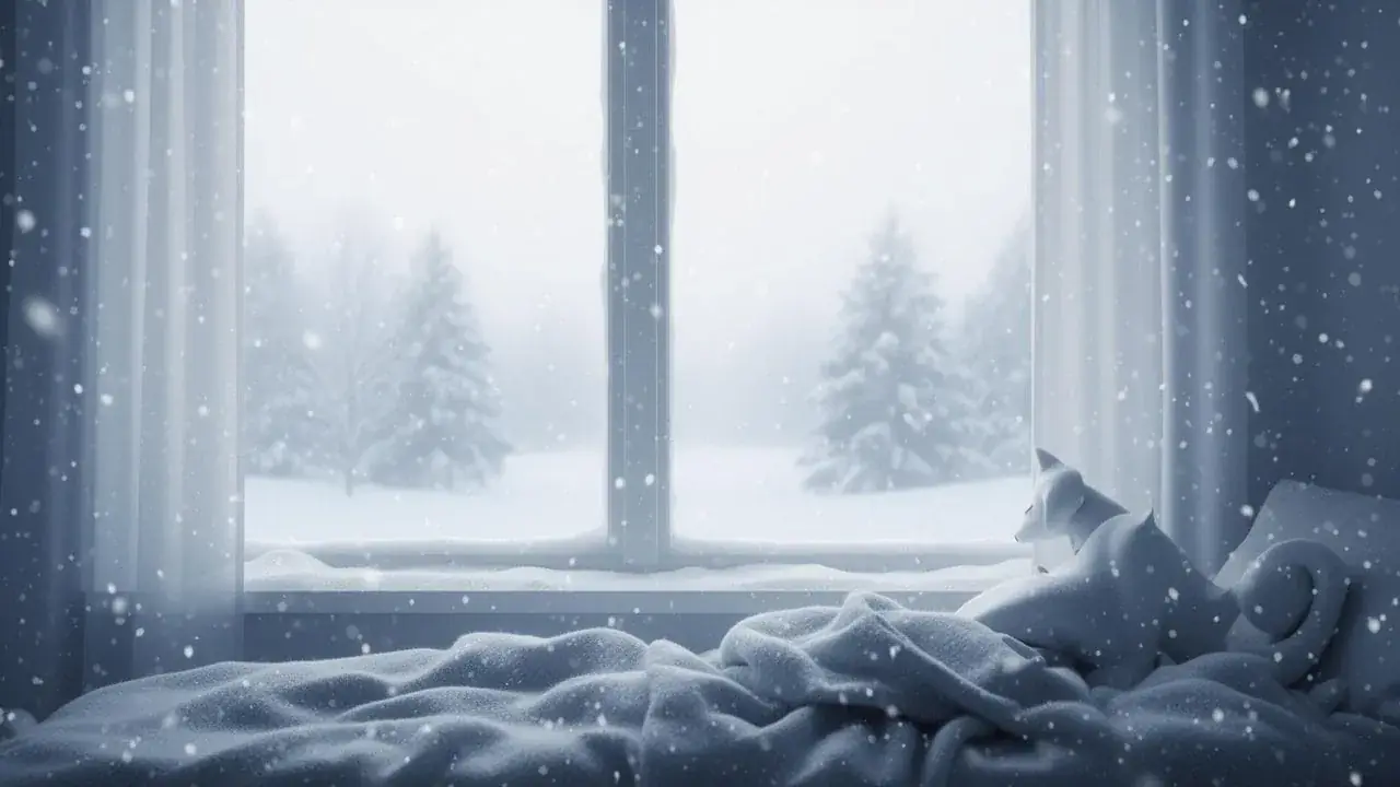 A cat curls up on a rumpled bed blanket by a window as snow falls over pine trees outside.
