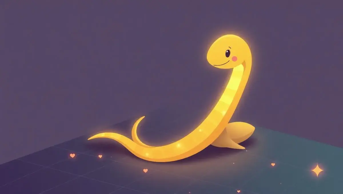 A cute glowing yellow snake mascot smiles on a dark teal floor surrounded by small hearts and a sparkle.