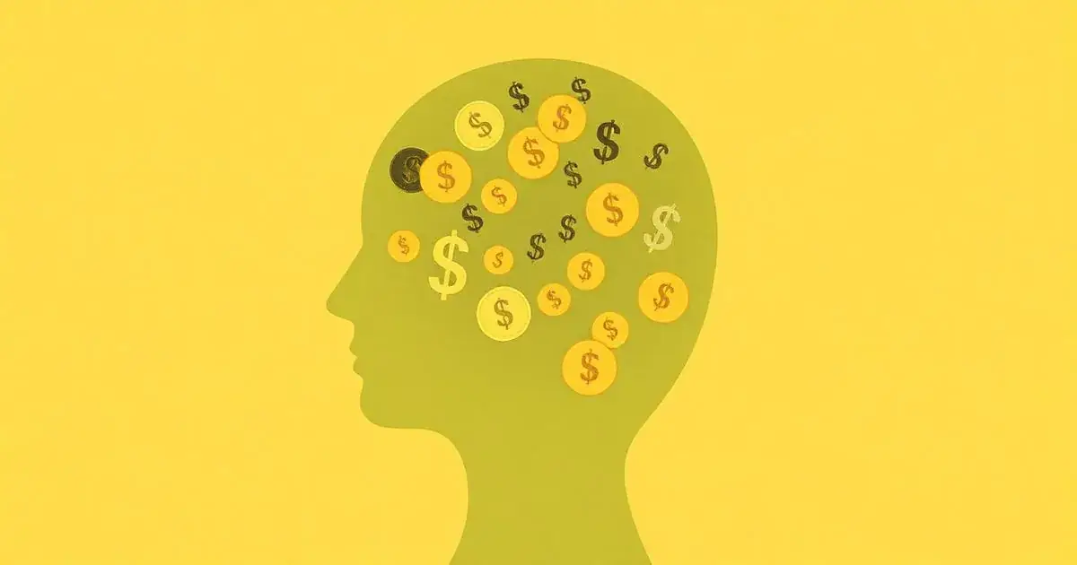 A head silhouette filled with scattered gold and cream dollar-sign coins stands against a yellow background.