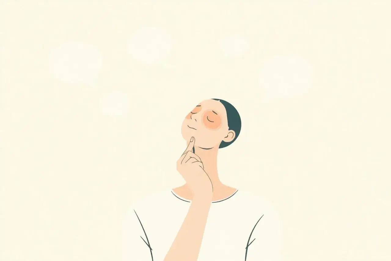 A flat illustration of a person with eyes closed and a finger under their chin, faint thought clouds above.