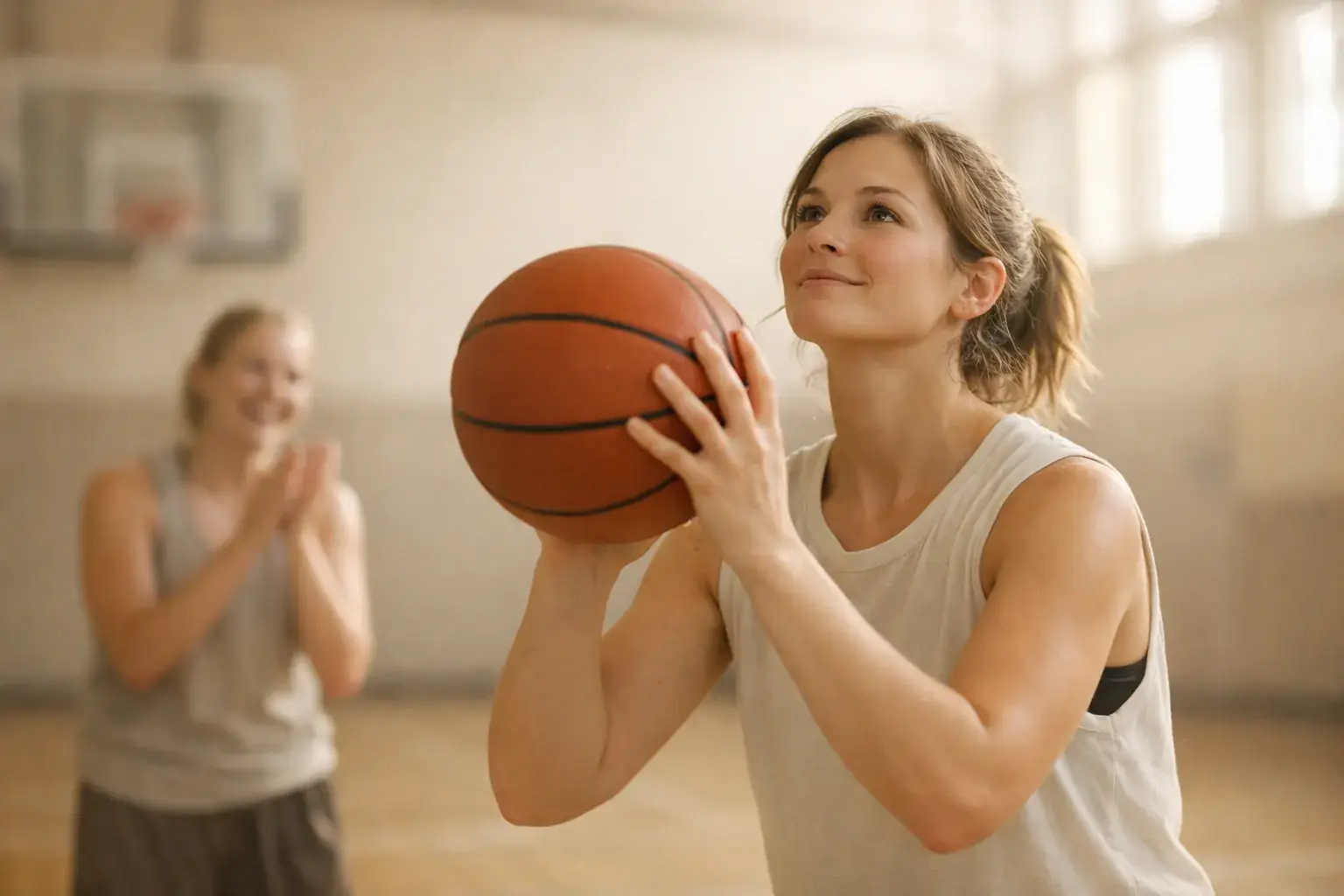 A woman lines up a basketball free throw in a sports hall while a teammate claps behind her