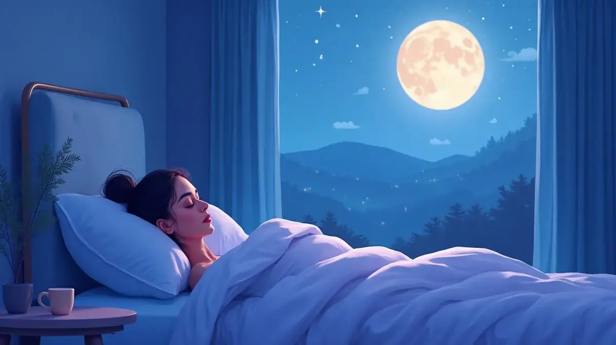 A woman sleeps peacefully in bed at night beneath a large glowing moon seen through the bedroom window.