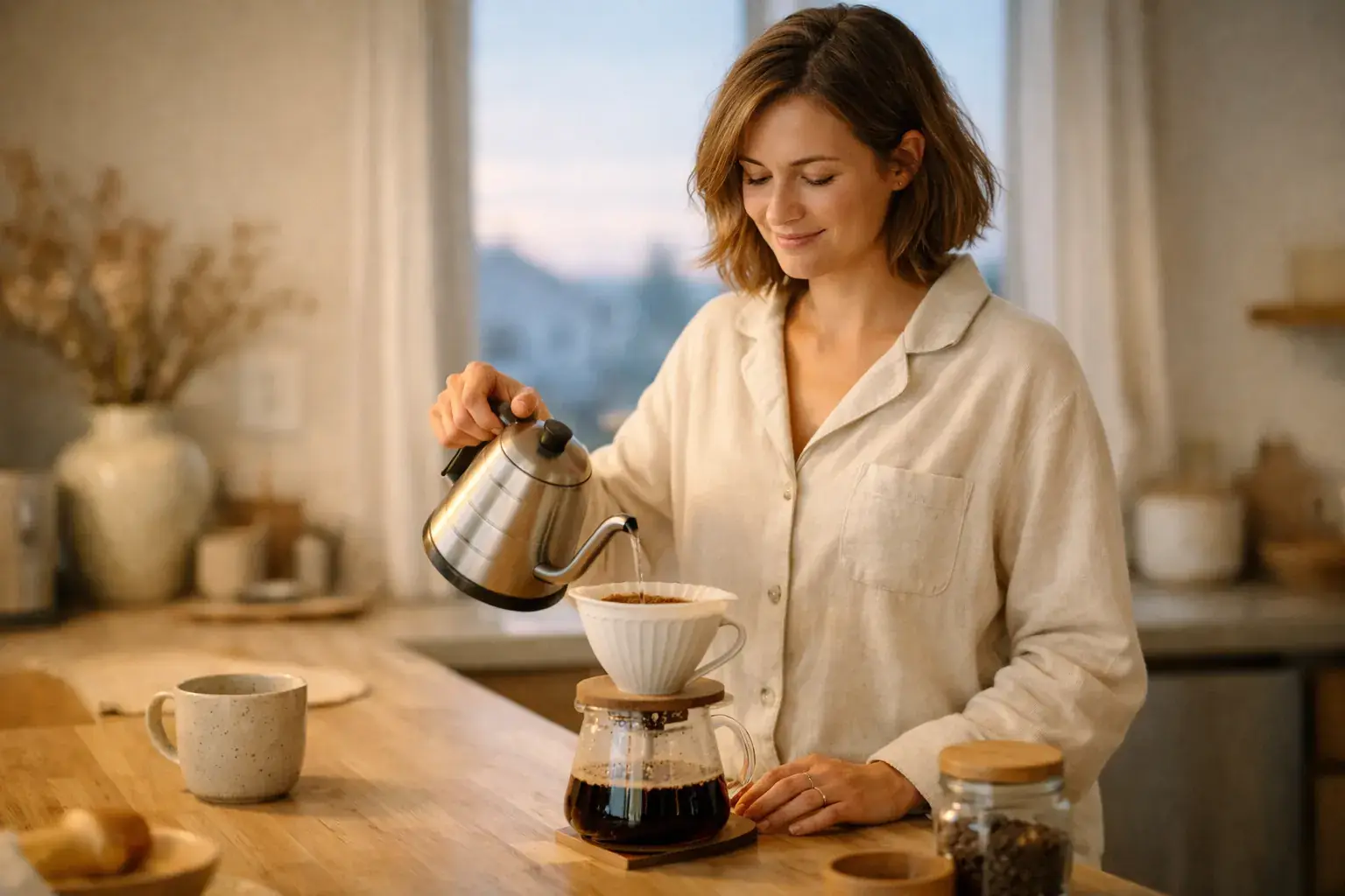 A woman in pajamas pours hot water into a pour-over coffee maker at her kitchen counter