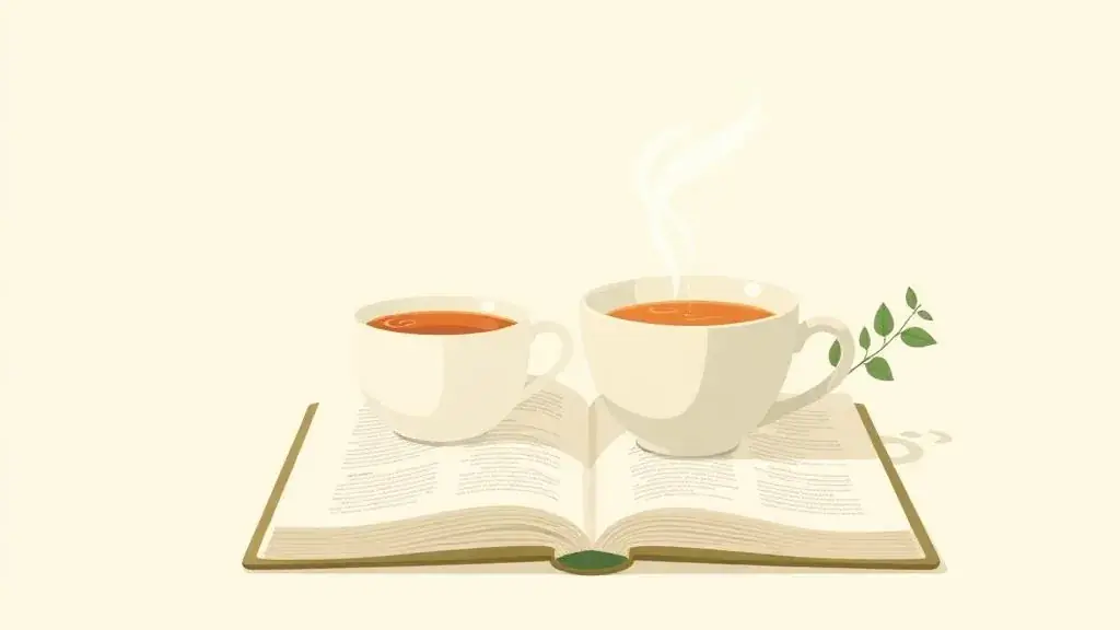 Two steaming teacups rest on an open book beside a small sprig of leaves on a soft cream background.