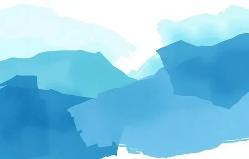 Abstract layered watercolor mountains in shades of blue and teal.
