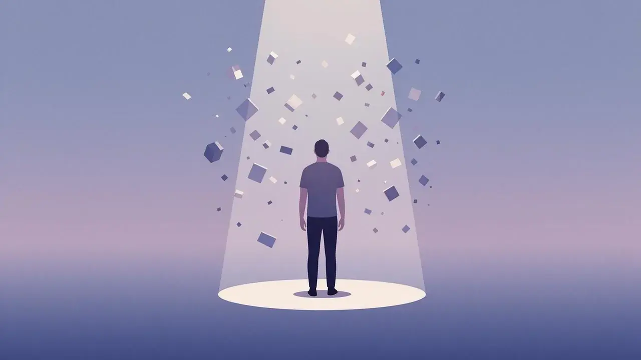 A silhouetted figure stands in a beam of light as small geometric cubes float and fall around them.