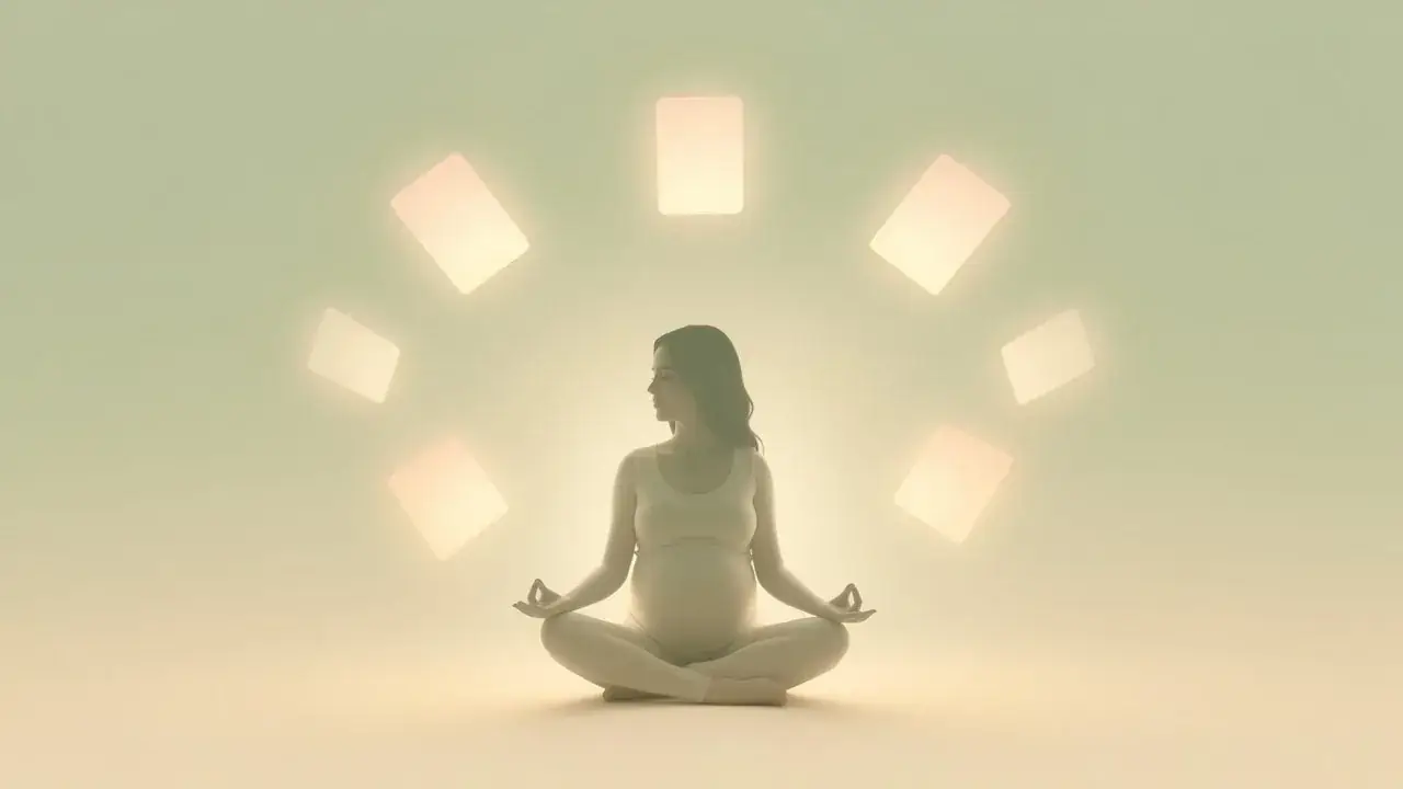 A pregnant woman sits cross-legged in meditation, encircled by a ring of glowing rectangular cards.