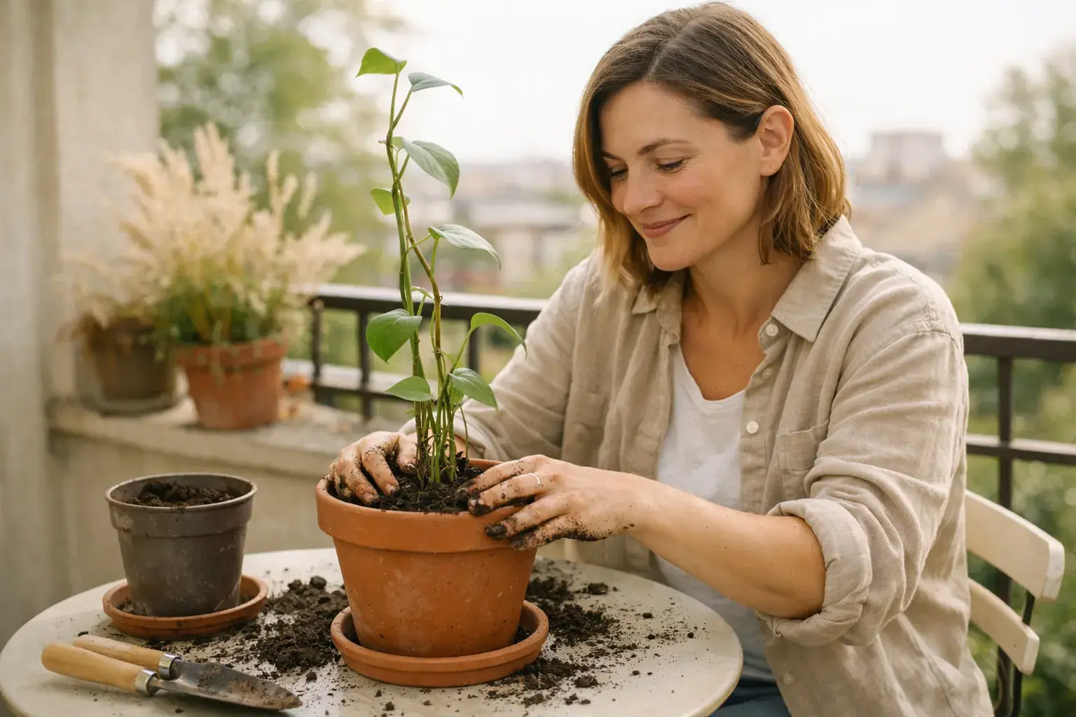 A smiling woman repots a young plant into a terracotta pot on a sunny balcony table