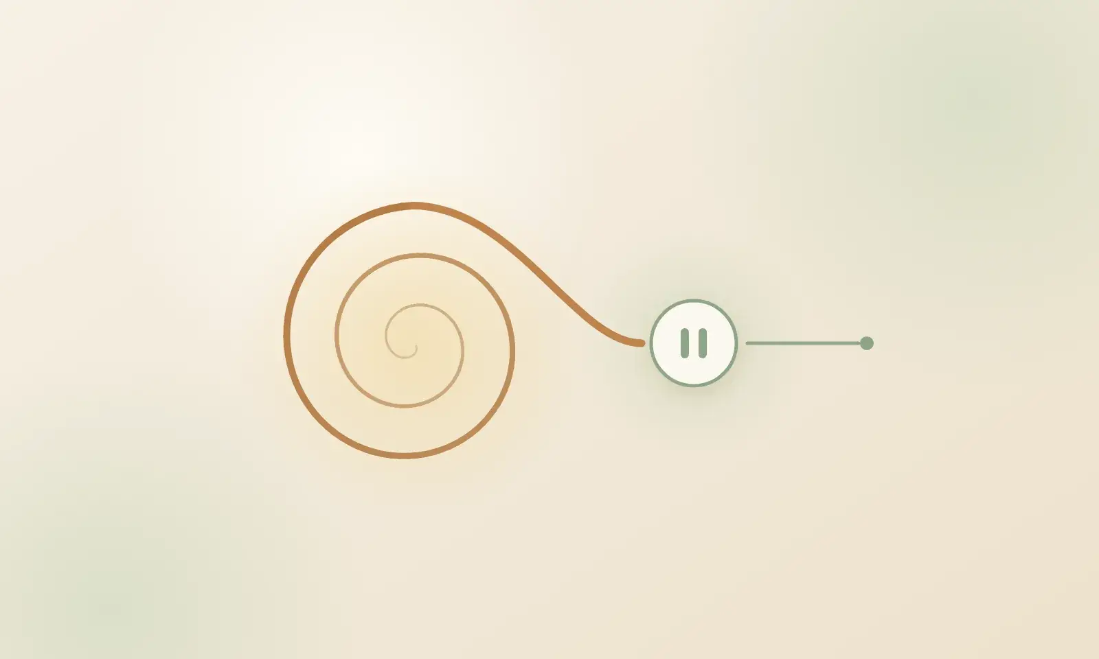 Illustration: a widening bronze spiral runs into a sage pause button and leaves it as a straight, steady line.