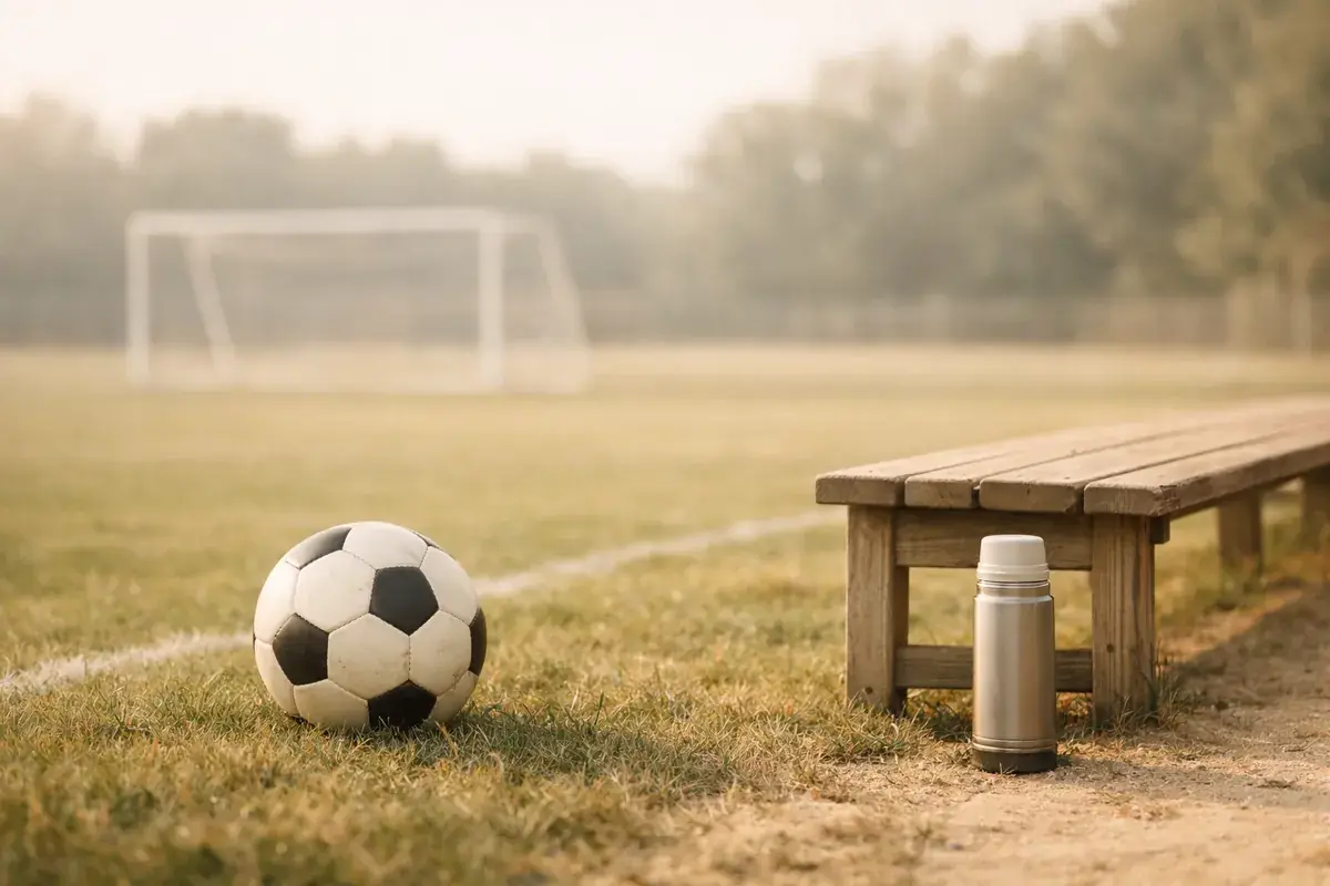 A football rests on the grass of an empty pitch in morning haze, a wooden bench and thermos beside it