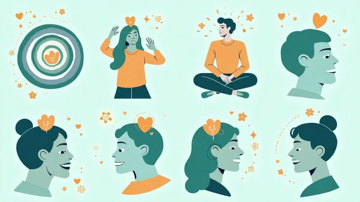 An illustrated collage of eight diverse profile portraits, each surrounded by small hearts and flower icons.