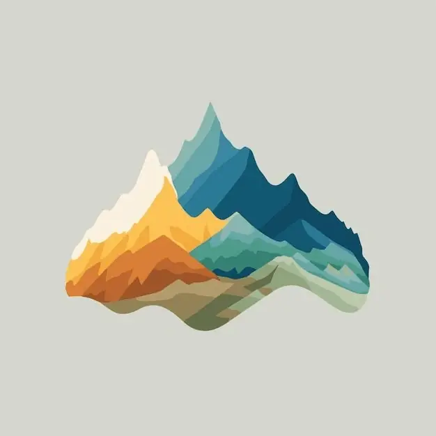Flat-colour illustration of layered mountain peaks in gold, teal and blue