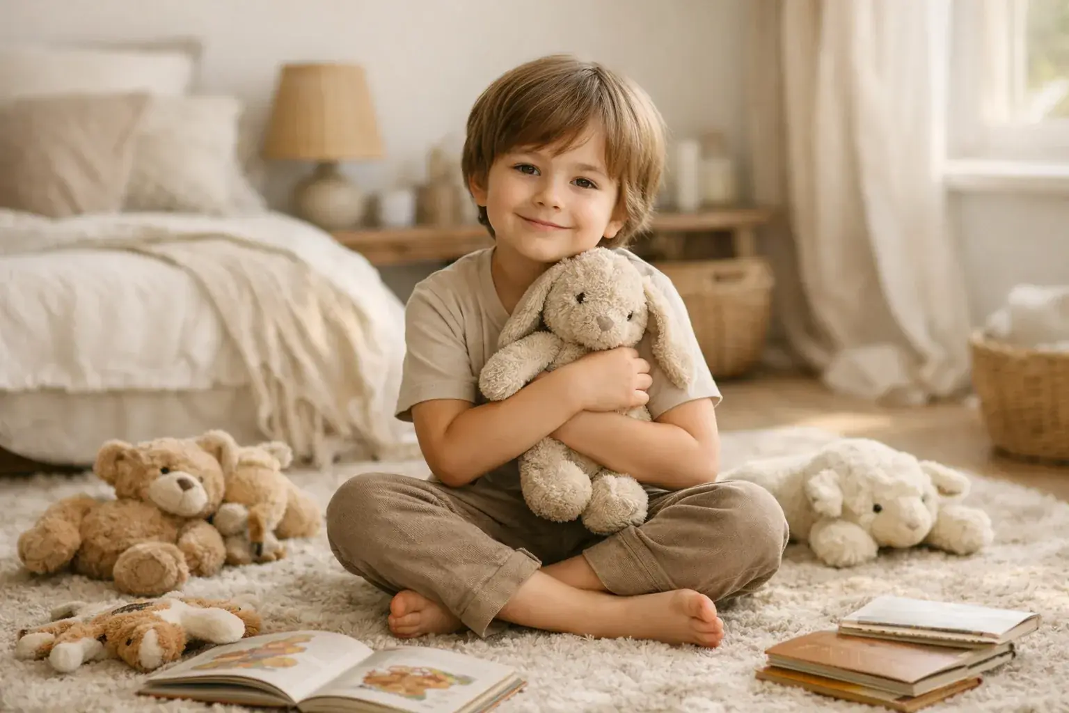 A child sits cross-legged on a cozy rug in a sunlit bedroom, smiling gently while hugging a soft stuffed animal.