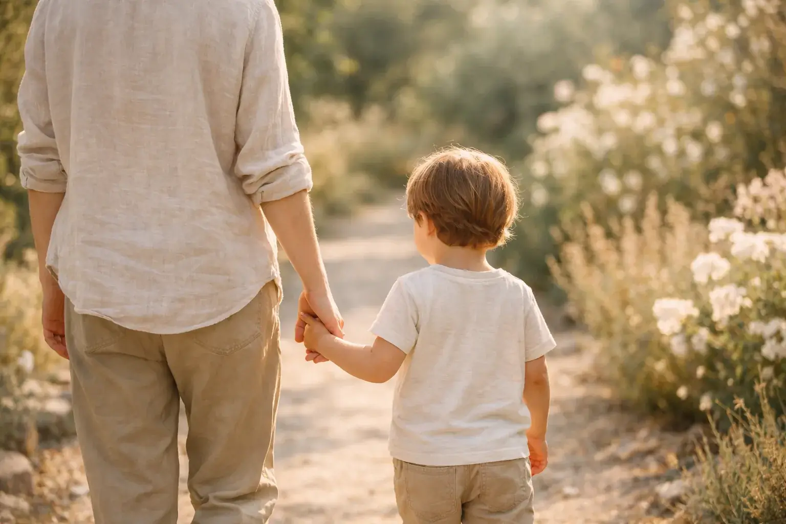 A parent and a small child walk hand in hand down a sunlit garden path lined with white flowers, seen from behind.