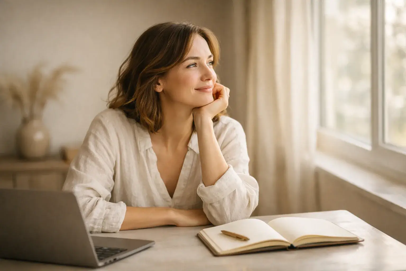 A woman rests her chin on her hand at a desk with a laptop and open notebook, gazing out a bright window.