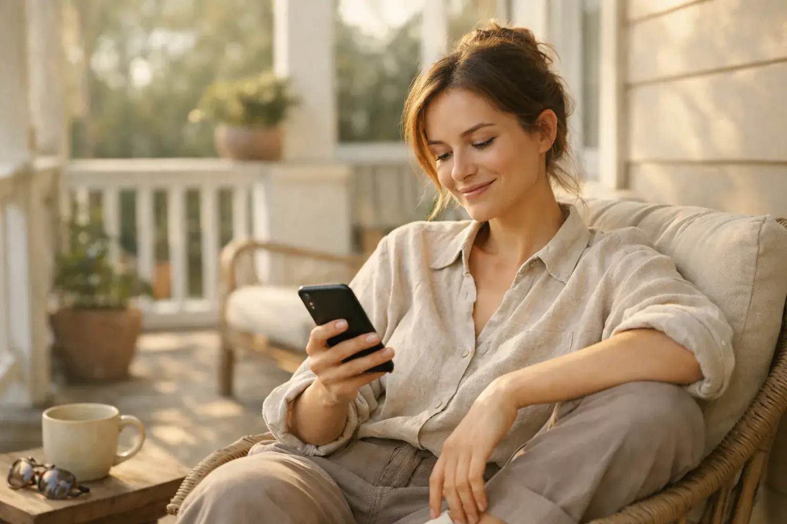 A woman relaxes in a wicker chair on a sunlit porch, smiling at her phone, a mug on the table beside her.