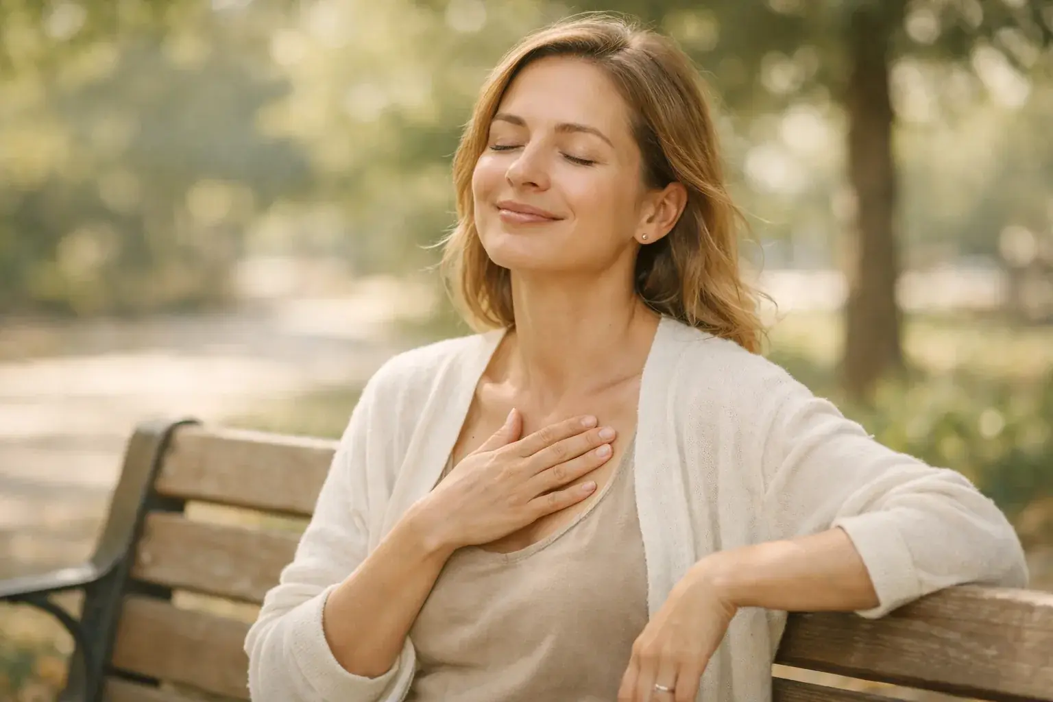 A woman on a park bench with her eyes closed and one hand resting on her chest, breathing slowly.