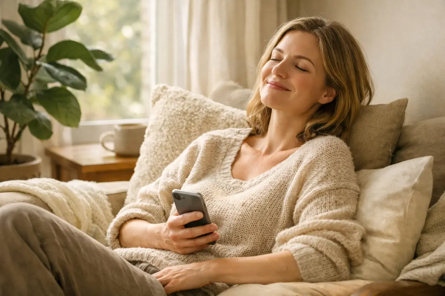 A woman relaxes in a sunlit reading nook, holding her phone loosely, calm and relieved, among cushions and a leafy plant.