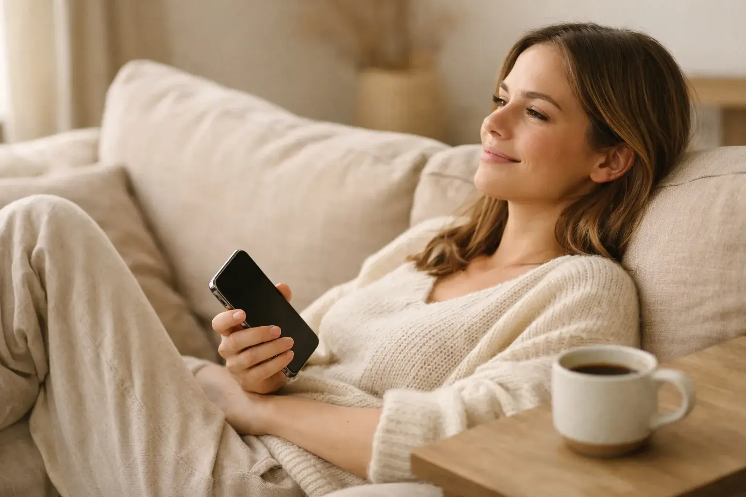 Una mujer recostada en un sofá de lino sostiene un teléfono y sonríe, con una taza de café en la mesa auxiliar.