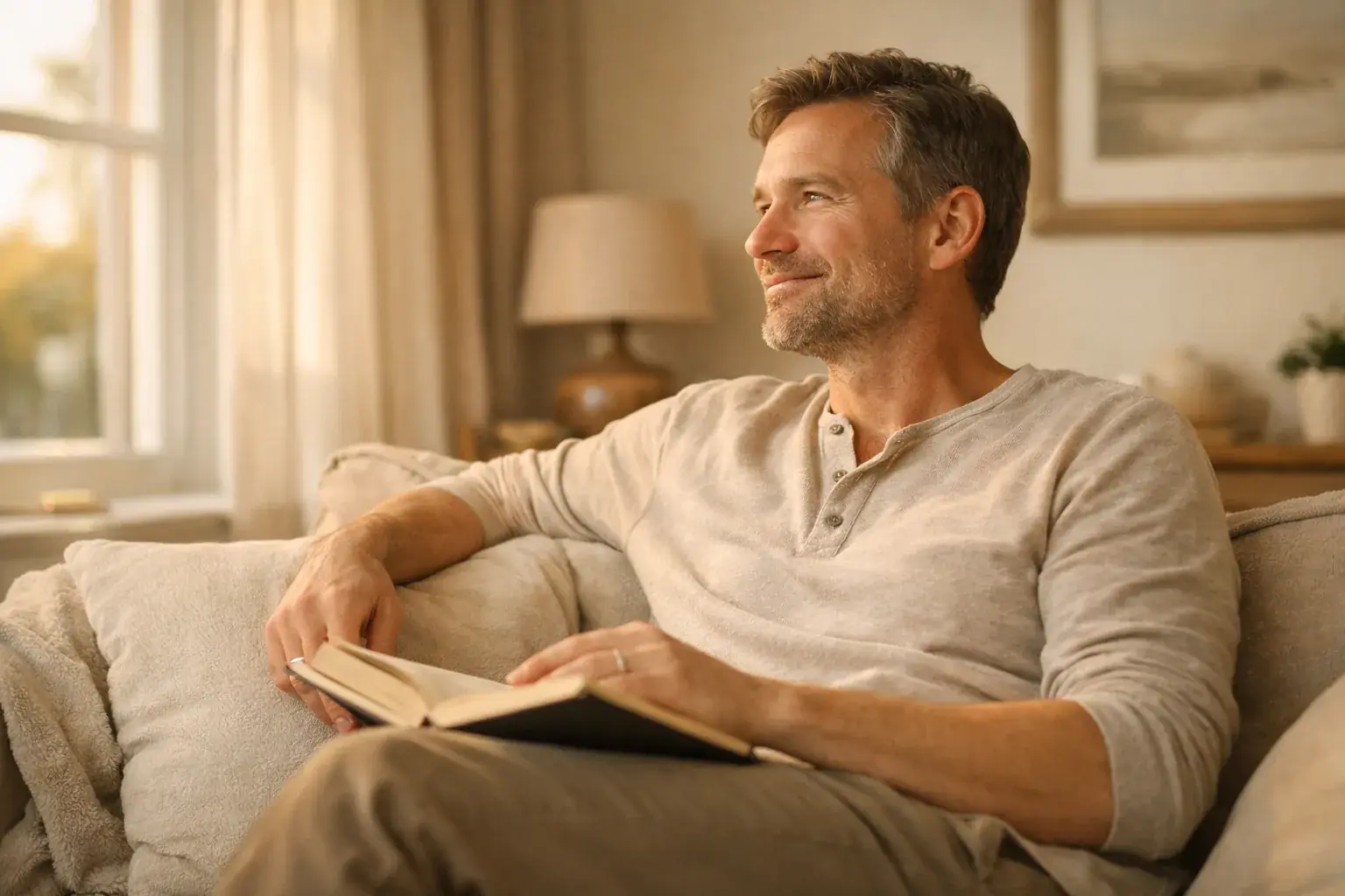 Un hombre descansa en un sofá con un libro sobre la rodilla y mira por la ventana con una leve sonrisa.